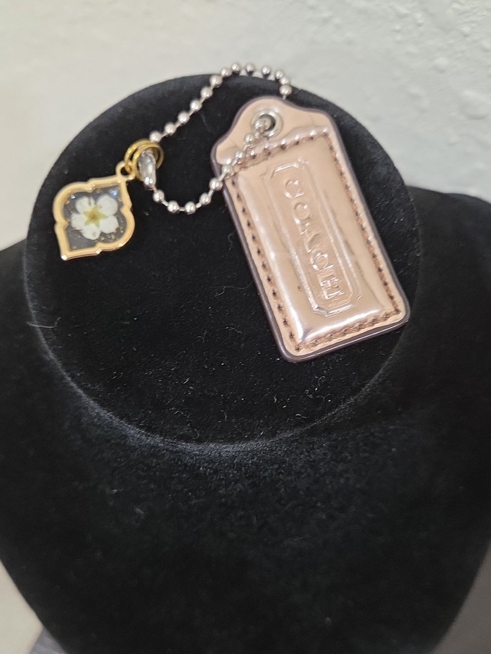 Coach Gold Leather Tag Charm with Floral Enamel Accent